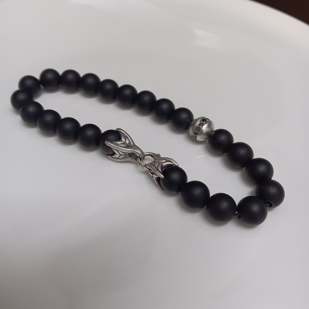 David Yurman Bead Black Onyx Bracelet with Silver Wave & Black Diamonds